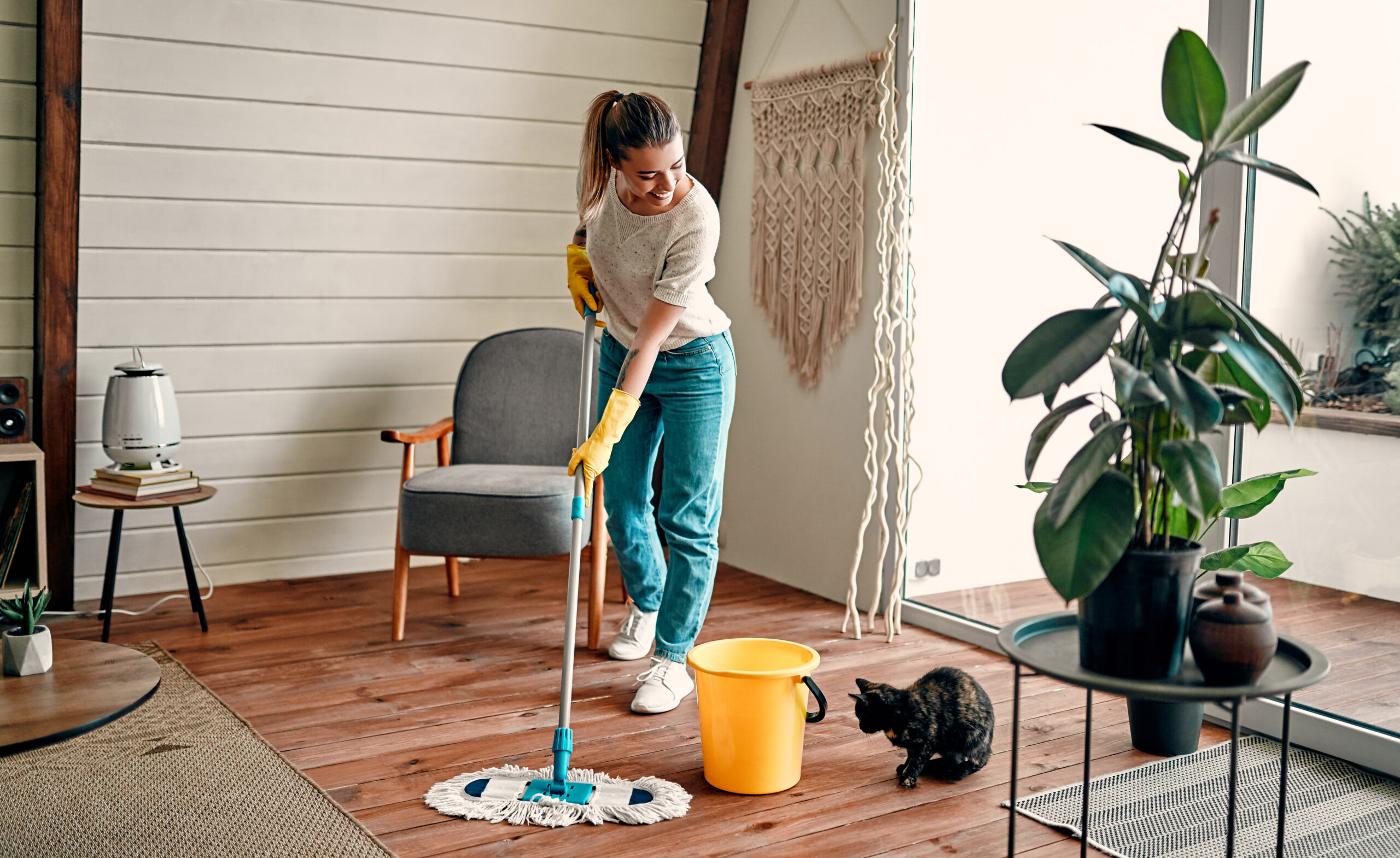 woman deep cleaning at home